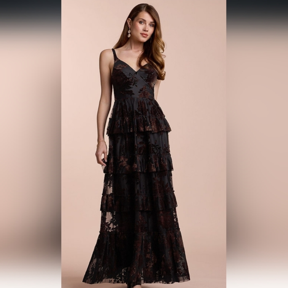NWT Azazie Cammy Ruffle Layered Floral Maxi Gown Coco Brown Womens Plus Size 24 - Picture 2 of 10